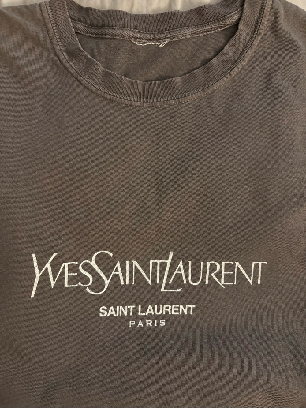 VINTAGE YSL Saint Laurent Taupe Brown Short Sleeve Logo Tee with White Print - Picture 5 of 5